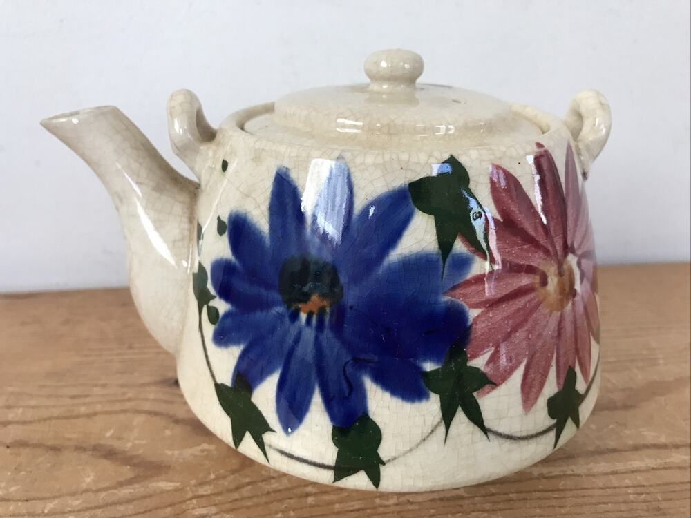 Antique Vintage Japanese Blue Red Floral Handpainted Ceramic Pottery Tea Pot 7"